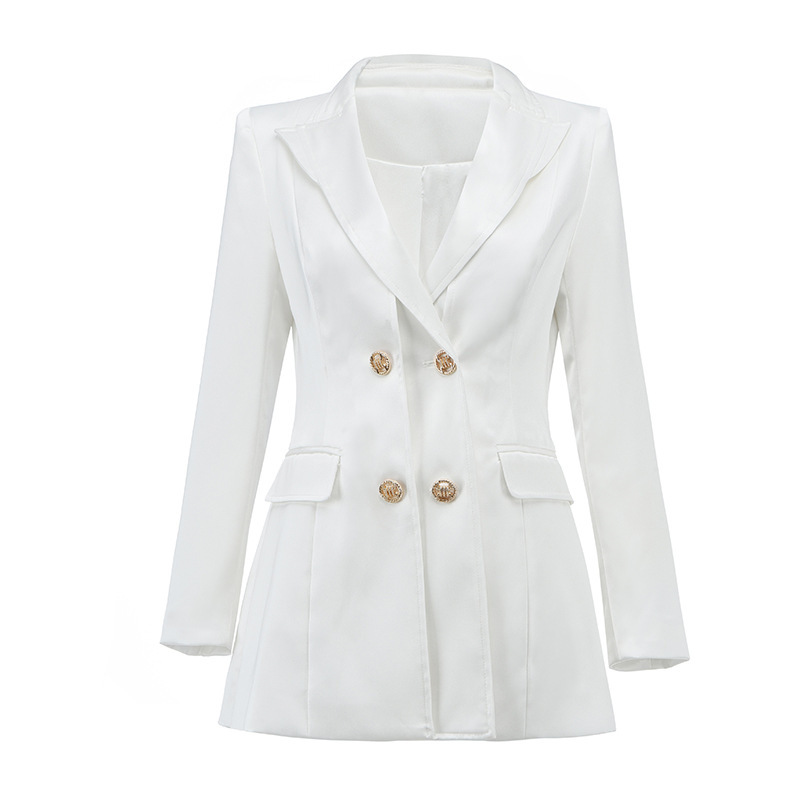 DEAT Women White Pockets Double Breasted Blazer New Turn-down Collar Long Sleeve Slim Fit Jacket Fashion Tide Summer 7E0380 210428