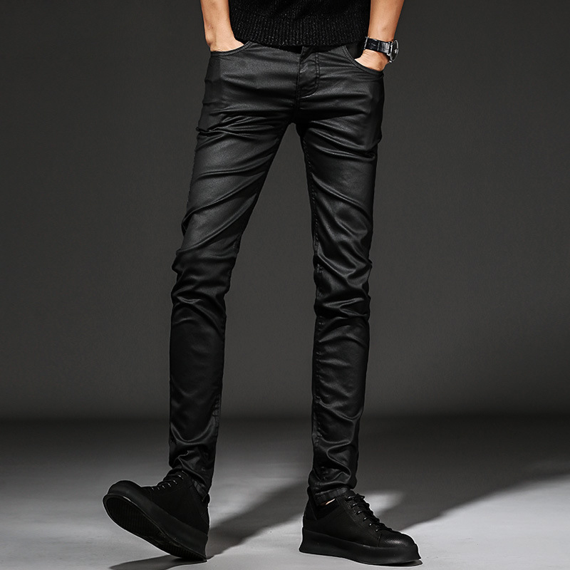 Idopy Men`s Coated Jeans Korean Fashion Cool Waxed Slim Fit Biker Denim Pants 210318
