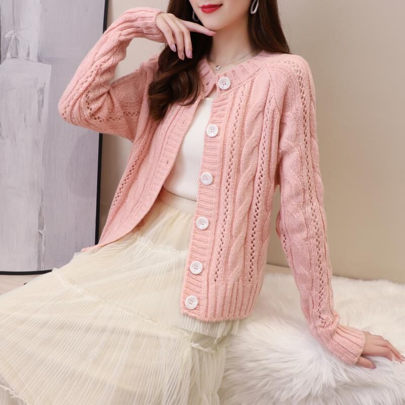Women Autumn Sweet Solid Twist Hollow Single Breasted Knitted Cardigan loose Korean Sweater Coat Woman Tops 210514