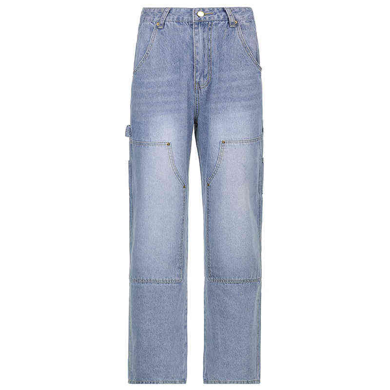Weekeep Streetwear High Waist Jeans Women Baggy Cargo Pants Patchwork Denim Straight Trousers Autumn Casual Korean Harajuku 211112