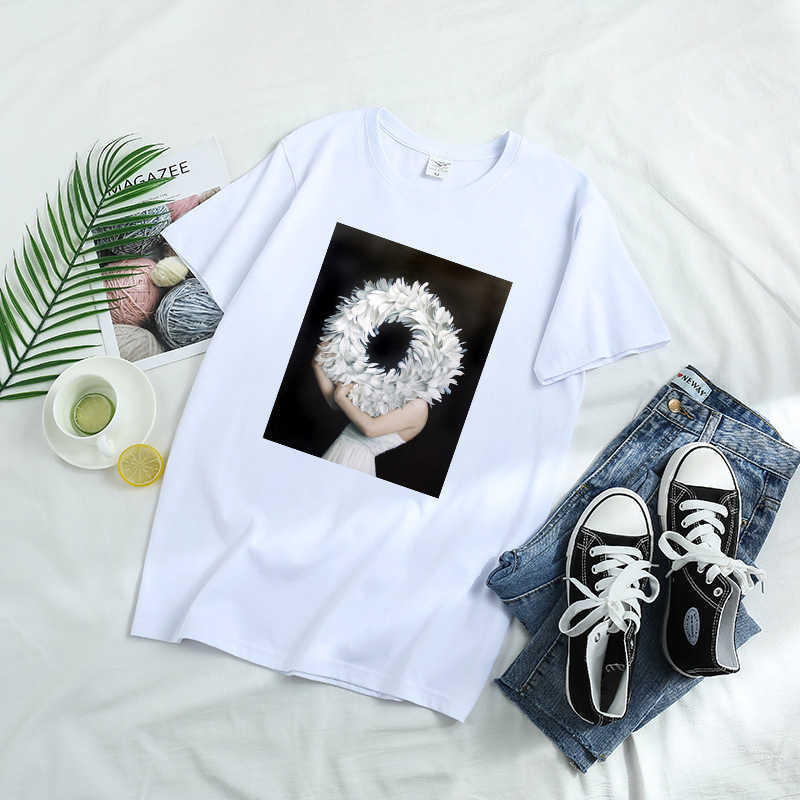 100% Cotton Aesthetic Feather Flowers Printing T-shirt Fashion Harajuku O Neck Short Sleeve Summer Female Tees W726 210526