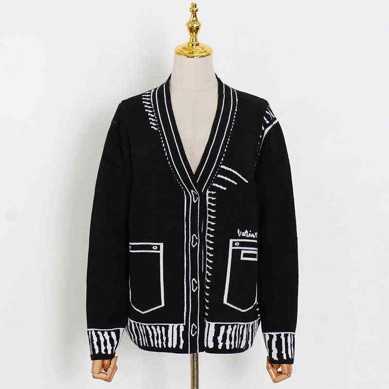 CHICEVER Casual Loose Sweaters For Women Print V Neck Long Sleeve Plus Size Elegant Cardigans Female Fashion Clothing Style 211117