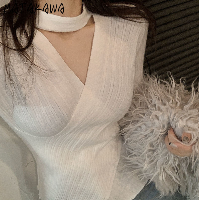 MATAKAWA Bottoming Top Korean Style Solid Woman Sweaters V-neck Halter Slim Knit Sweater Women 210513