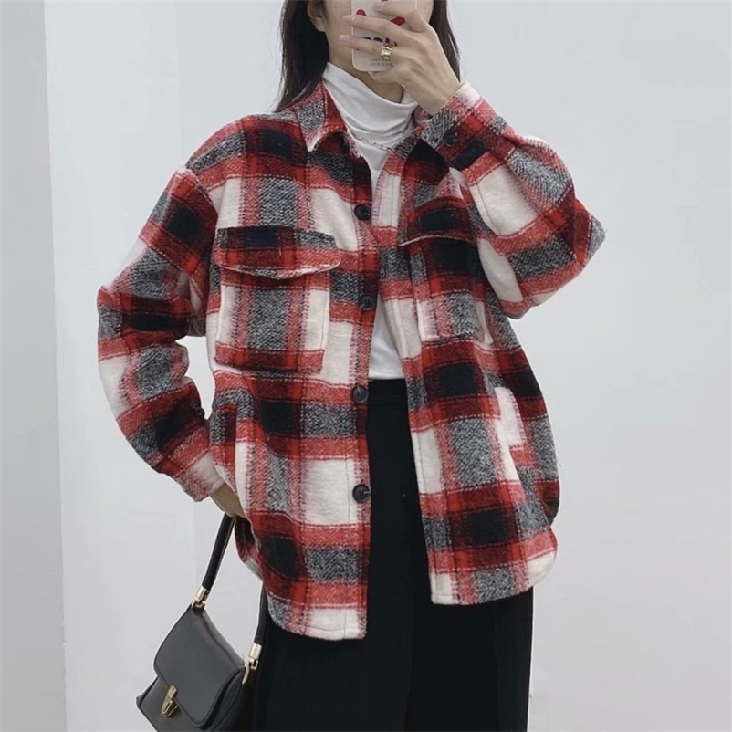 Vintage Woman Red Loose Plaid Woolen Coats Autumn Winter Fashion Ladies Warm Pocket Female Casual Oversized Jackets 210515