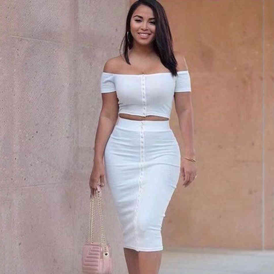 Free Summer Women's Single-breasted Knit Skirt Set Sexy Card Shoulder Short Sleeve Top & Midi Two-piece 210524