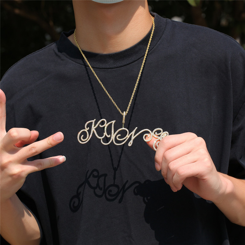 A-Z Custom Name Bubble Letters Necklaces Mens Fashion Hip Hop Jewelry Iced Out Gold Sier Bling CZ Cursive Letter Pendant Necklace with 3mm 24inch Rope