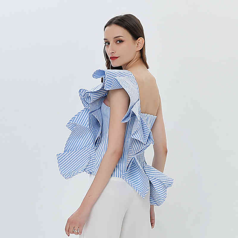Asymmetrical Striped Shirt For Women Slash Neck Sleeveless Patchwork Ruffle Short Blouse Female Fashion Clothes 210524