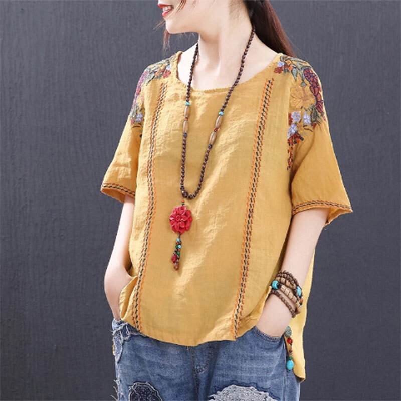 Summer Style Women Tshirt Plus Size Loose Casual Short Sleeve Tee Shirt Femme Cotton flower Embroidery Vintage Tops Big HX5 210512