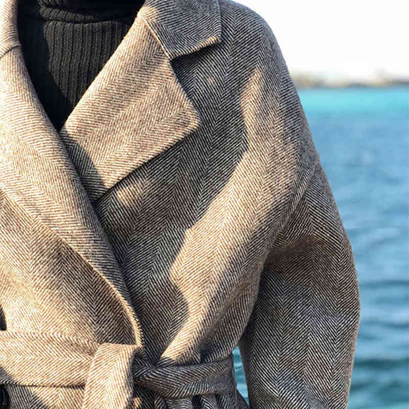 Striped Fashion Wool Coat Jacket Women Lace Up Long Blend Elegant Ladies Coats Plus Size Turn Down Collar Outwear Abrigo Mujer 210515