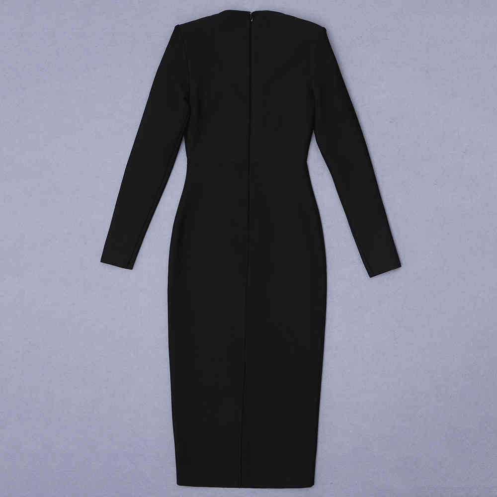 Women's Summer Sexy Long Sleeve Black O-Neck Mid-length Bodycon Bandage Dress Elegant Club Party Vestidos 210525