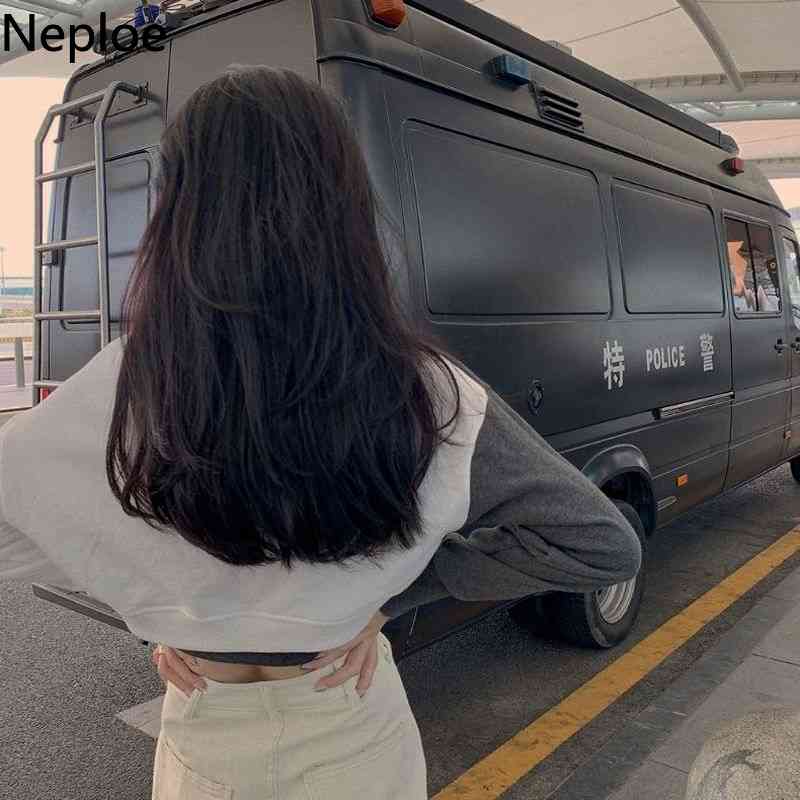 Neploe Harajuku Sweatshirt Women Korean Streetwear Hoodies Ladies Cross Crop Tops Contrast Color Patchwork Hooded Hoodie 210422