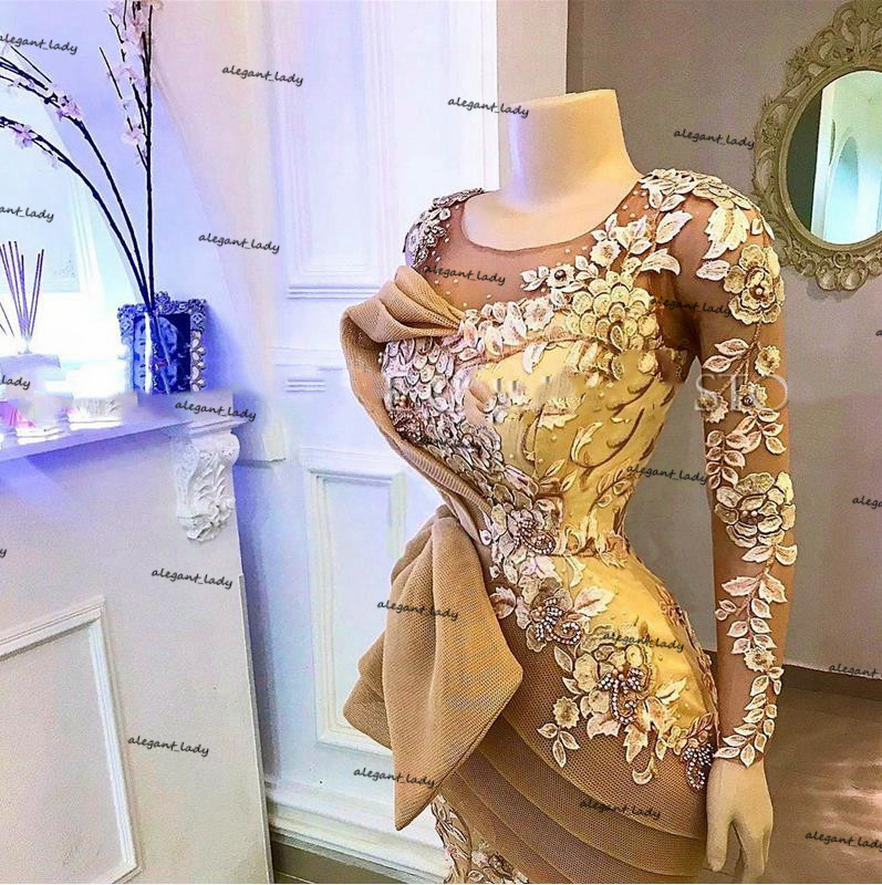Gold Lace Aso Ebi Evening Gowns Long Sleeves Sheer o-neck Mermaid Women Pageant Gowns Organza Ruffles prom Dress 2021