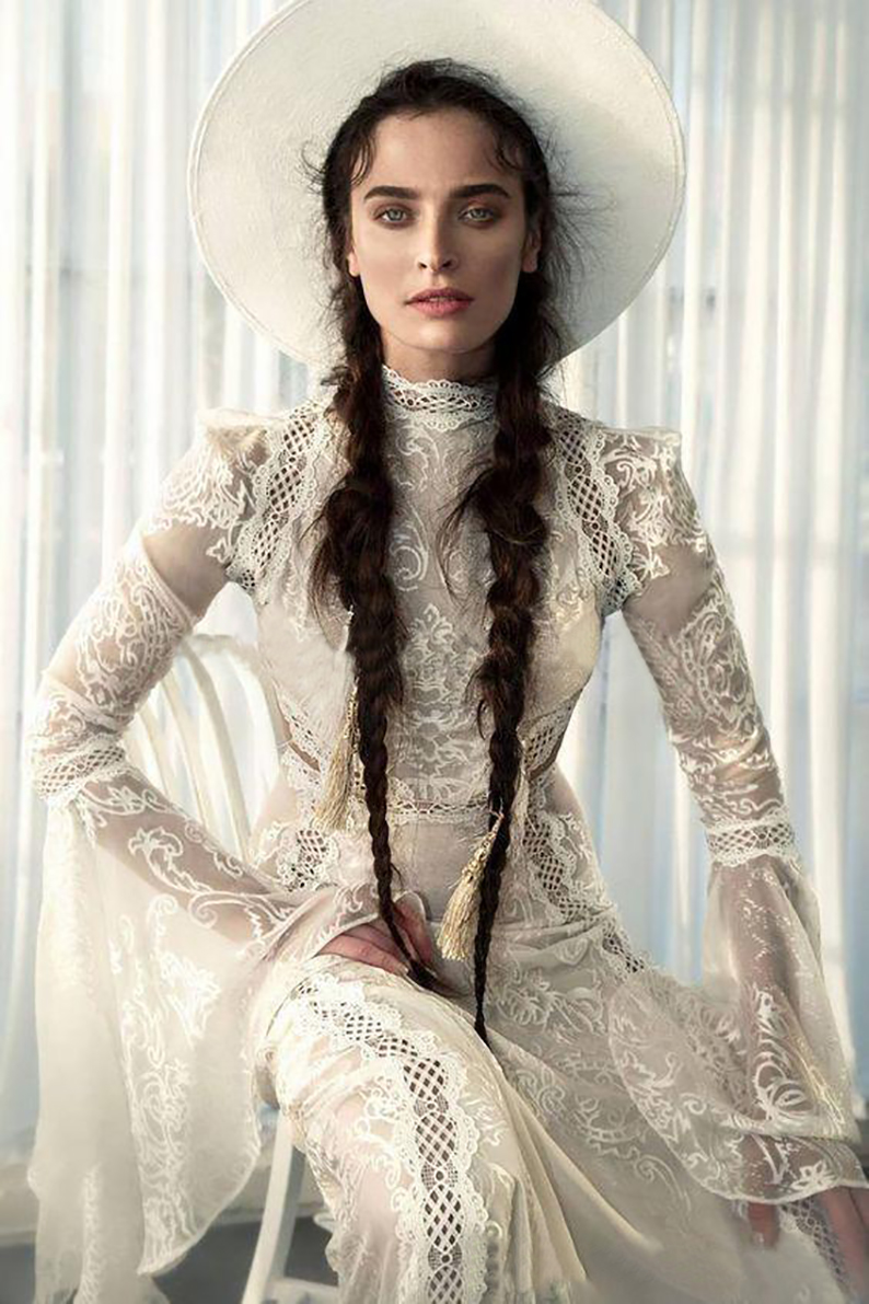 Meital Zano Great Victoria Medieval Wedding Gown with Bell Sleeves Vintage Crochet Lace High Neck Gothic Queen Wedding Dresses