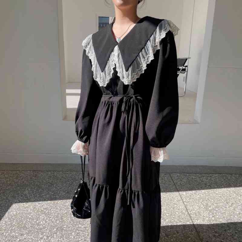 Neploe Spring Women Dress Vintage Lace Peter Pan Collar Slim Waist Sweet Vestidos Mujer Flare Sleeve Black Elegant Dresses 210422