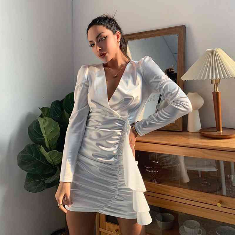 Spring Full Sleeve V Neck Women Mini Dress Elegant Bandage Solid Color Elasticity silk Sexy es Empire Party 210521