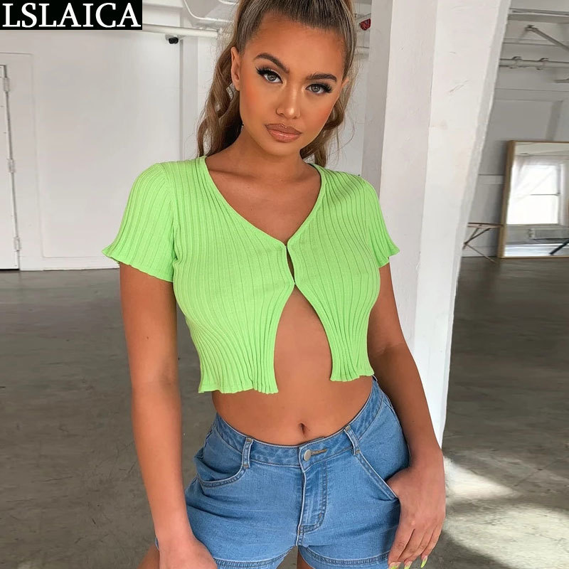 women T-shirt green short sleeve knitted slim shirts sexy navel striped clothing casual elegant female 210520
women T-shirt green short sleeve knitted slim shirts sexy navel striped clothing casual elegant female 210520