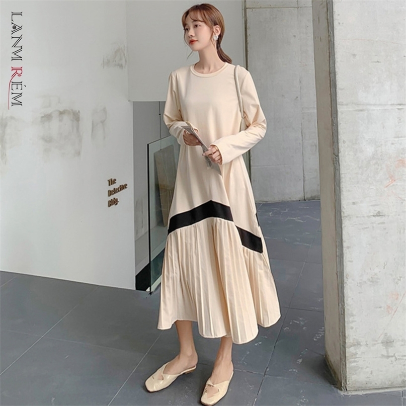 Spring Line Pattern Pleated Round-neck Short Sleeve Korean Style Casual Mid-calf Length Dress For Women 2A3009 210526