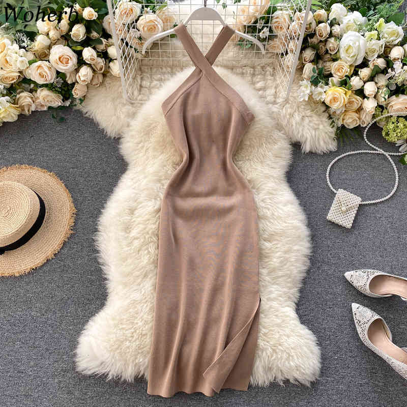 Women Bodycon Dress Fashion Sexy Cross Halter Robe Sleeveless Knitted Vestidos Summer Elegant Party Dresses 4i651 210519