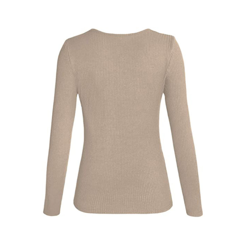 Women Spring T-Shirt, Solid Color Ribbed Henley Neck Long Sleeve Slim-fitting Pullover for Girls, Autumn 220226
