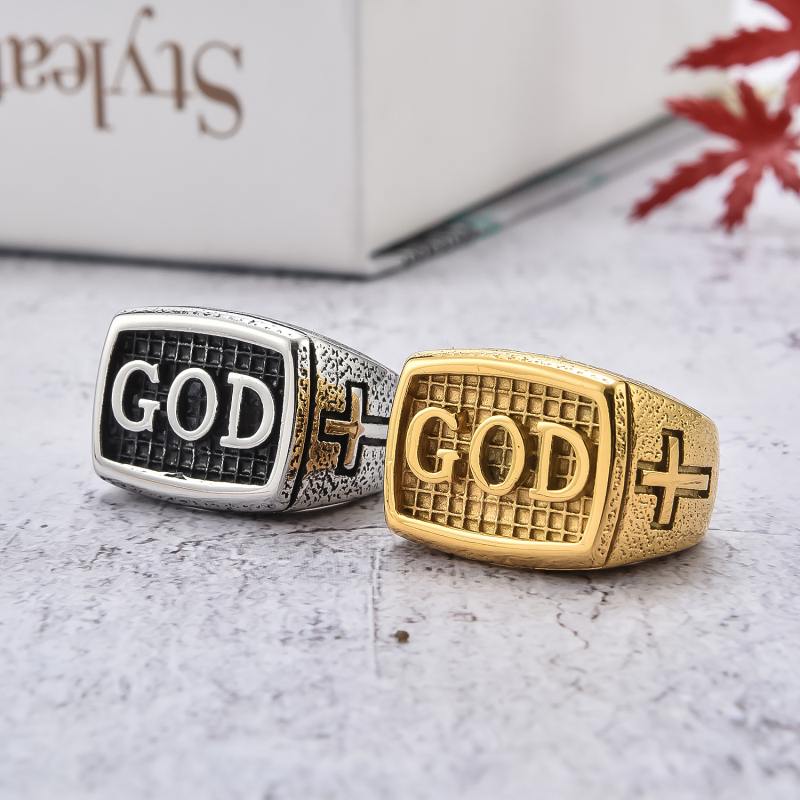 Vintage Style Men's GOD Cross Ring Gold Antique Silver Plated Stainless Steel Rings