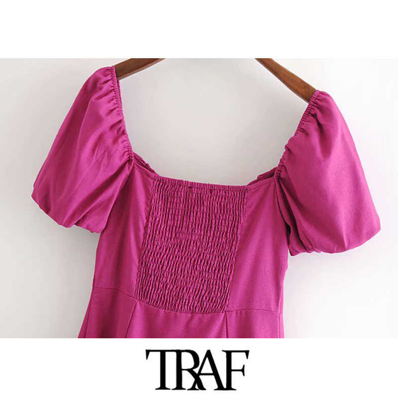 TRAF Women Chic Fashion With Buttons Linen Midi Dress Vintage V Neck Puff Sleeve Back Elastic Female Dresses Vestidos 210630