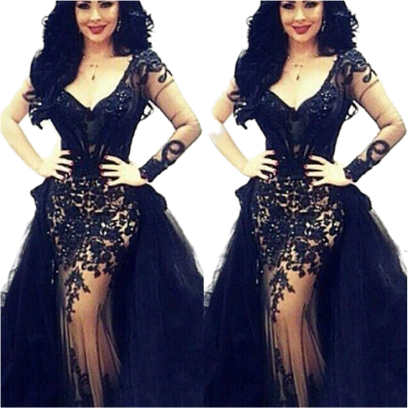 2021 Black Lace Mermaid Prom Dresses With Detachable Train Pearls Beads Illusion One Sleeve Appliques Women Formal Evening Gowns Custom Made Special P