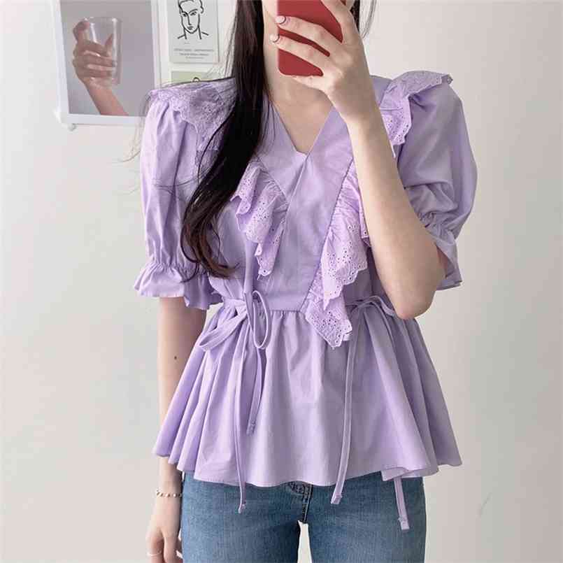 spring Vintage purple Shirt female Oversize Tops Women short sleeve Girls Blouse Summer Plus Size Blouses femme Blusas 210423