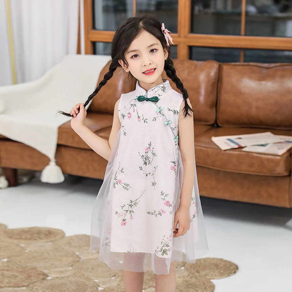 Dress For Girls Floral Party Kids Girl Mesh Kid Cheongsam Chinese Style Costume 6 8 10 12 14 210528