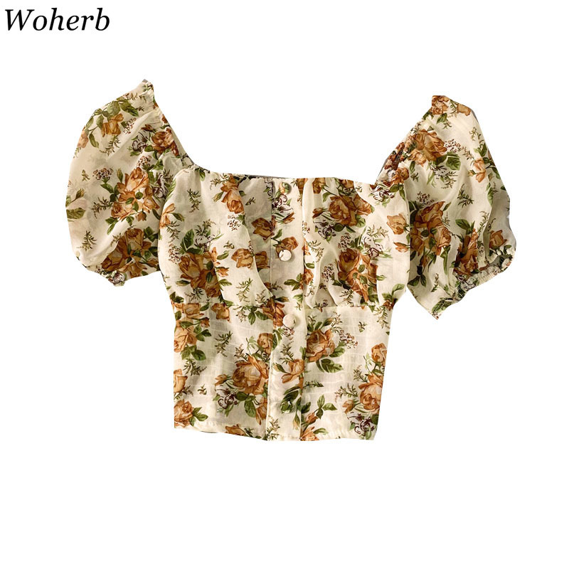 Chiffon Sweet Floral Print Shirt Puff Sleeve Short Temperament Slim Blouse Women Square Collar Bow Buttons Blouses25781 210519