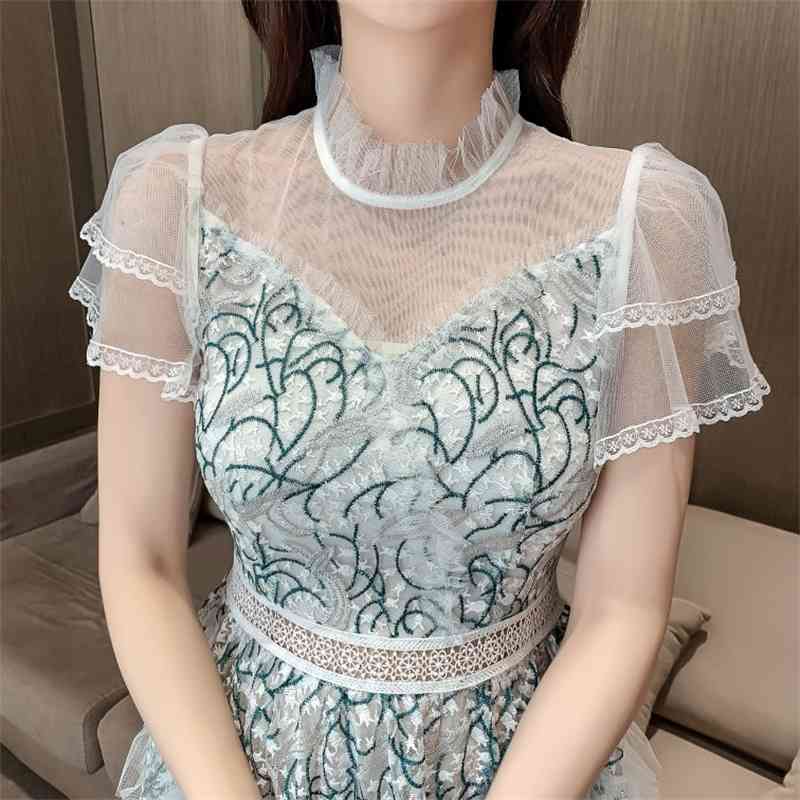 Vintage High Waist Long Dress Elegant Summer Women Boho Runway Mesh Embridery Short Sleeve Ruffles Vacation Party 210519
