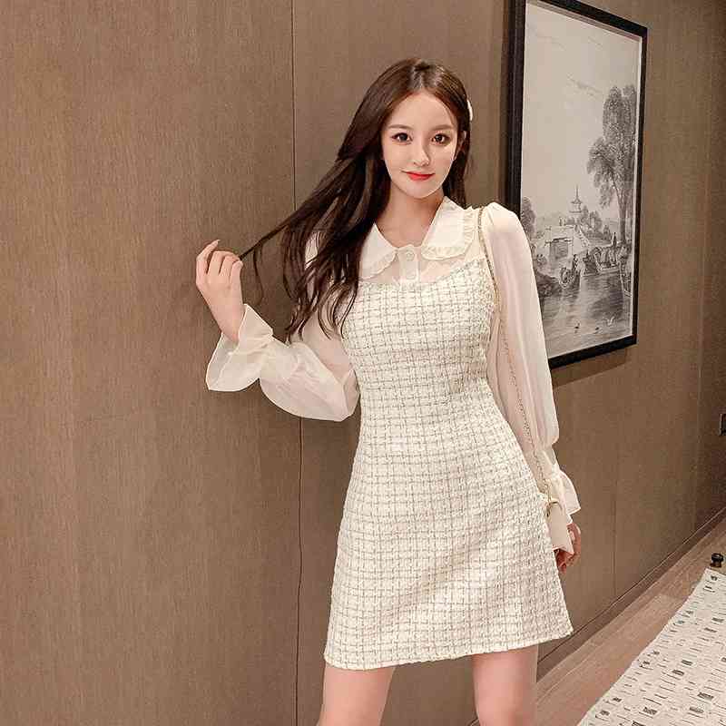Tweed Dress Women Spring Autumn Vintage Wool Plaid Patchwork Elegant Woolen Ladies Office Vestidos 210520