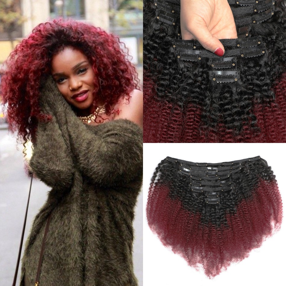 

Brazilian Afro Kinky Curly Clip in Human Hair Extensions Burgundy 1b 99j Ombre Color Clips ins 8Pcs Set