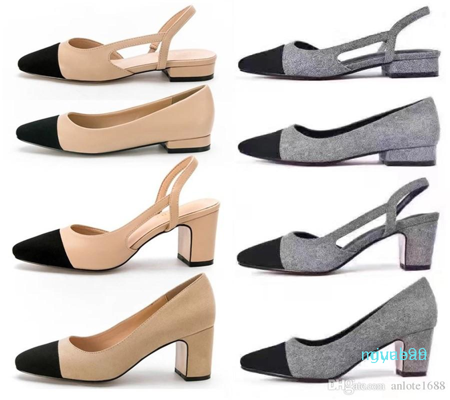 Designer Calfskin Women Catwalk Kitten Heels Pumps Slingbacks Sandals Mules Flats Beige Grey Dress Wedding Single Shoes 2081