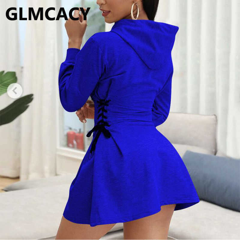Women Casual Solid Hooded Dress Lace Up Waist Side Corset Dress 210702