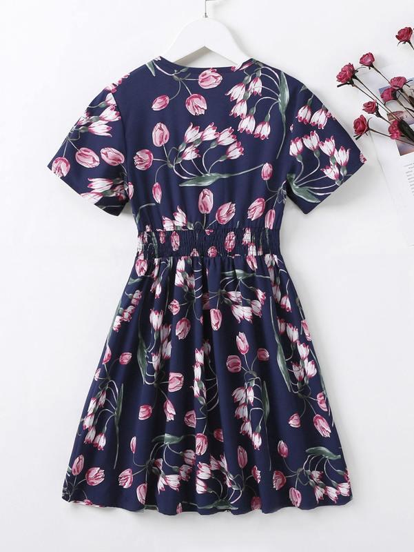 Girls Floral Print Shirred Waist Flared Dress SHE