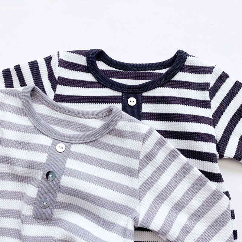 Autumn Winter born Infant Baby Boys Girls Stripe Rompers + Hat Clothing Kids Boy Girl Long Sleeve Clothes 210429