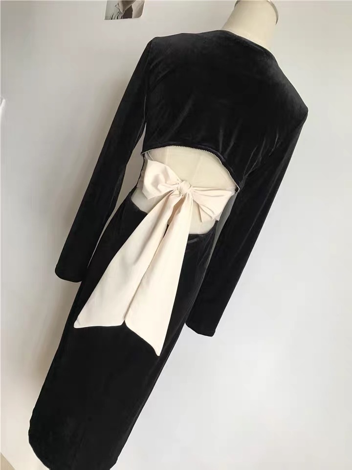 celebrity vintage bow hollow out sexy midi dress for women spring long sleeve black bodycon party dresses vestidos mujer 210421