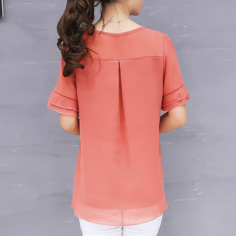 Summer Chiffon O-neck Short Sleeve Blouses and Tops Women Solid Bow Plus Size Flare Shirts Blusas 4832 210518