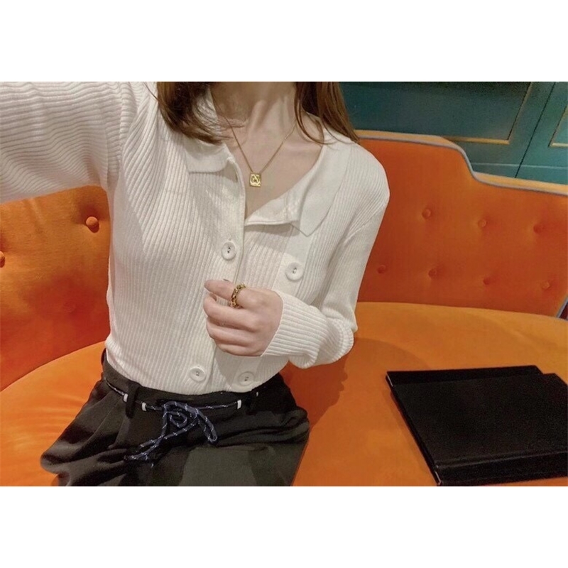 Vintage Turn down Collar Double Breasted Buttons Cardigan French Style Lapel Long Sleeve Knitting Sweater Slim Jumper Knitwear 210429