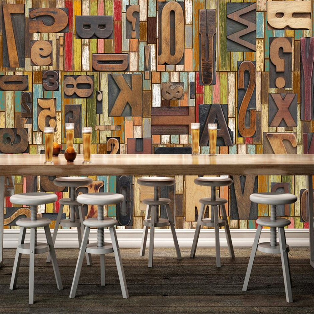 Custom large murals green wallpaper retro woodcut English alphabet bar restaurant cafe background wall papel de parede US $8.25US $15.00-45%