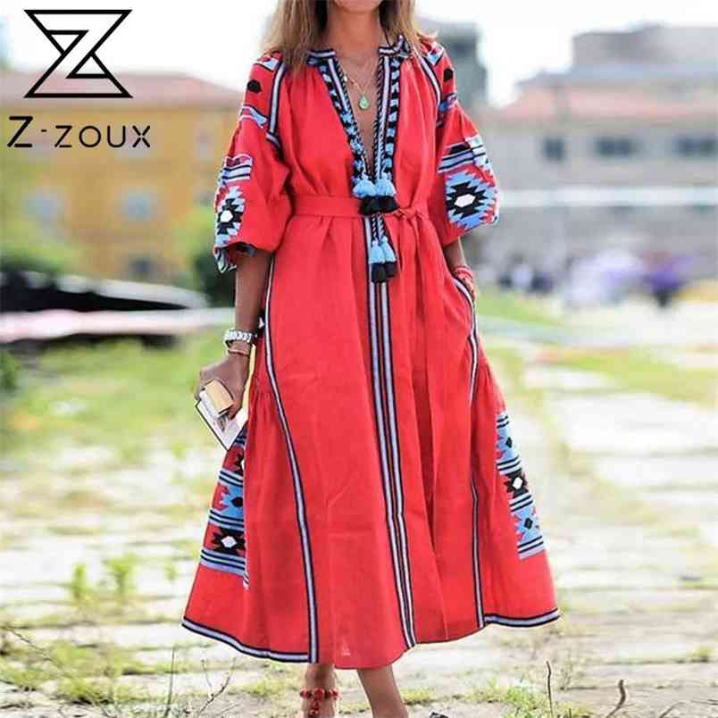 Women Dress Lantern Sleeve V-neck Printing Dresses Plus Size Yellow Blue Red Green Long Summer Clothes 210513