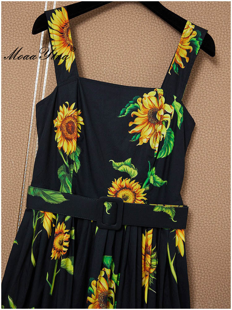 Women's Summer Black Cotton Spaghetti Strap Dresses Fashion Bohemian Vacation Sunflower print Elegant Party Dress 210524