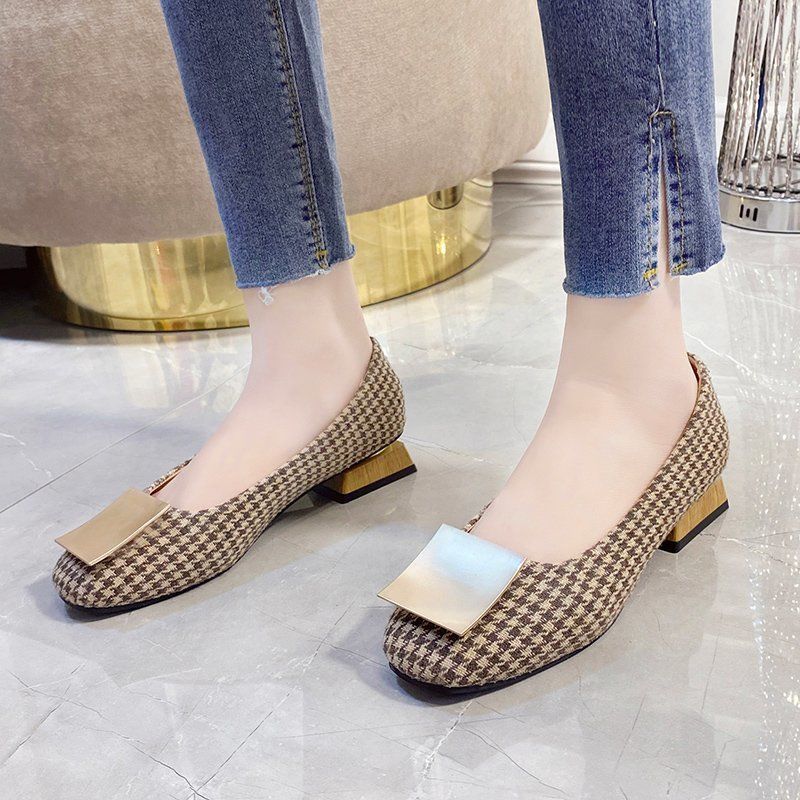 Top Quality GOOD Women Classic High Quality Round Toe Office Square Heel Pumps Lady Casual Black Plaid Summer High Heel Shoes C6308