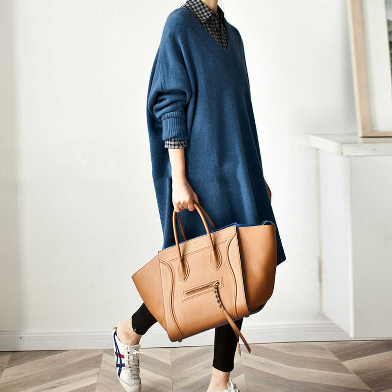 SHIJIA autumn Long sweater female V-neck oversized Loose brown knitted jumper woman pullovers femme winter streetwear tops 210918