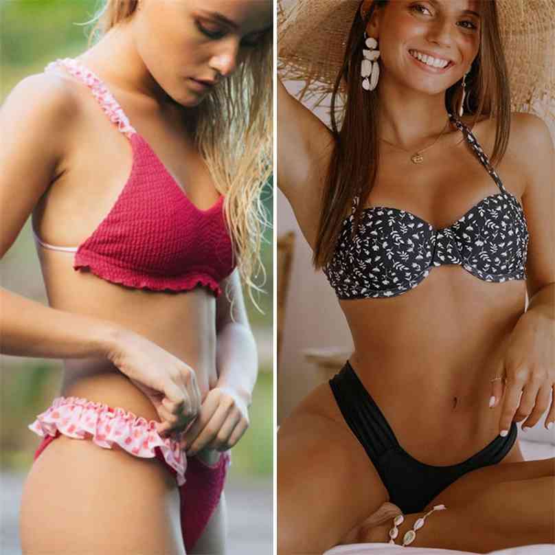 Miyouj Sexy Print Ruffle Bikini Cross Bandage Swimsuit Hollow Out Swimwear Floral Biquini Feminino V-Neck Set Beach Wear 210611