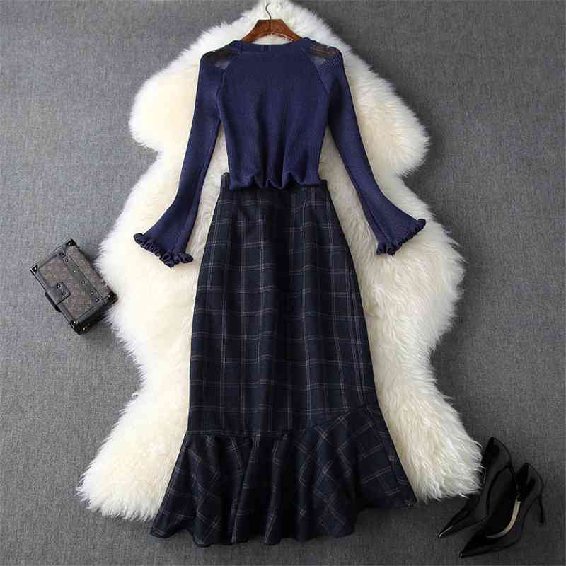 Winter Medium Long Women Set Flare Sleeve O Neck Pullover Ruffles Plaid Skirt 2 Piece Elegant Patry Dress 210520, Blue
Winter Medium Long Women Set Flare Sleeve O Neck Pullover Ruffles Plaid Skirt 2 Piece Elegant Patry Dress 210520, Blue