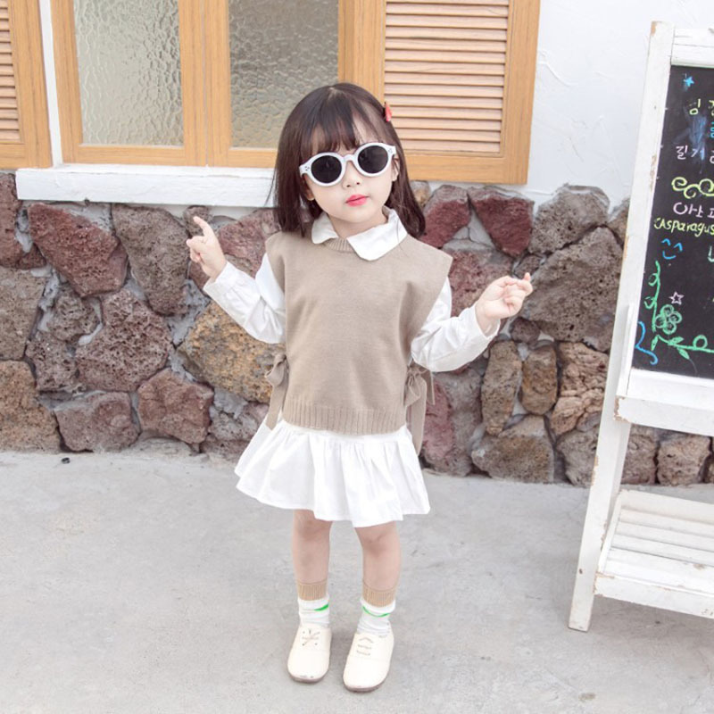 Spring Girls Dress Baby Vest Korean Autumn Round Neck Knitted Wool Thin Children's Pullover Toddler Girl Clothes For 1-5Y 210515