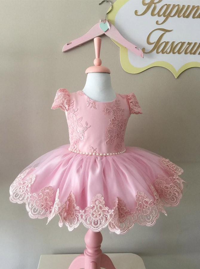 Pink Beautiful Lace Flower Girls Dresses For Wedding Short Sleeve Knee Length Bow Applique A Line Communion Dress
