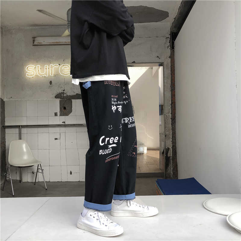 Straight Denim Jeans Men Graphic Printed Jeans Streetwear Jeans Man Wildleg Pants Hip Hop Korean Harajuku Fashion Pants 210930
