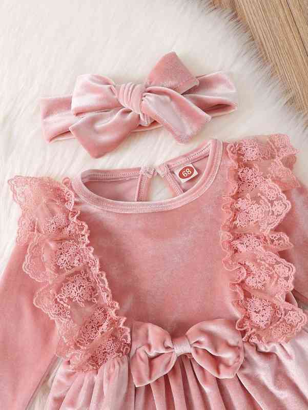 Baby Lace Ruffle Trim Bow Front Velvet Dress With Headband SHE
